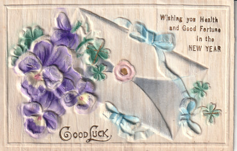 PANSY FLOWER EMBOSSED BAS RELIEF HAPPY NEW YEAR POSTCARD