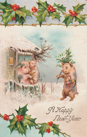 GREETINGS THE THREE LITTLE PIGS HAPPY NEW YEAR POSTCARD