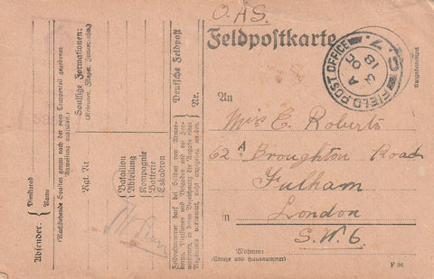 GERMAN MILITARY POSTCARD USED BY BRITISH SOLDIER 1918