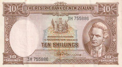 NZ FLEMING 10 SHILLINGS BANKNOTE ND(1956-67) P.158d EF