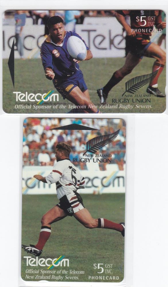 1994 TELECOM CORPORATION RUGBY SEVENS PAIR $5 PHONECARDS MINT