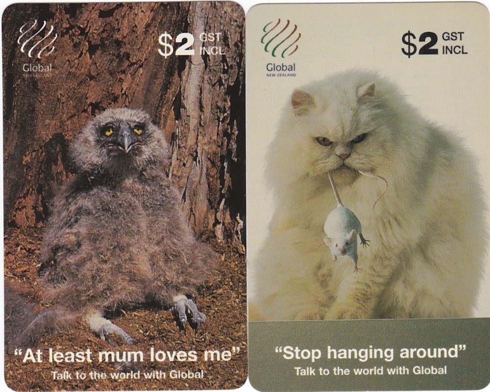 GLOBAL NEW ZEALAND TOP UP $2 PHONECARDS X 2 ANIMAL QUIPS CARDS