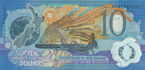 NZ MILLENNIUM BLACK SERIALS LAST PFX 10 DOLLARS BANKNOTE 2000 EF