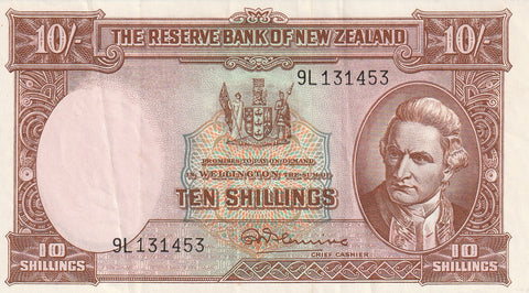 NZ FLEMING LAST ISSUED PFX 10 SHILLINGS BANKNOTE ND(1956-67) EF