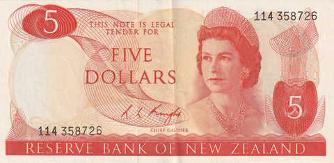 NZ KNIGHT 5 DOLLARS BANKNOTE ND(1975-77) P.165c gEF