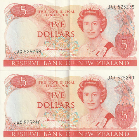 NZ HARDIE TYPE II CONSECUTIVE PAIR 5 DOLLARS BANKNOTES ND(1981-85) P.171a aUNC
