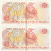 NZ HARDIE TYPE II CONSECUTIVE PAIR 5 DOLLARS BANKNOTES ND(1981-85) P.171a aUNC