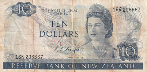NZ KNIGHT (SIGNED BY KNIGHT) 10 DOLLARS BANKNOTE ND(1975-77) P.166c VERY GOOD