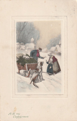 CHRISTMAS SCENE SLED PULLED BY DOG WITH CHILD POSTCARD