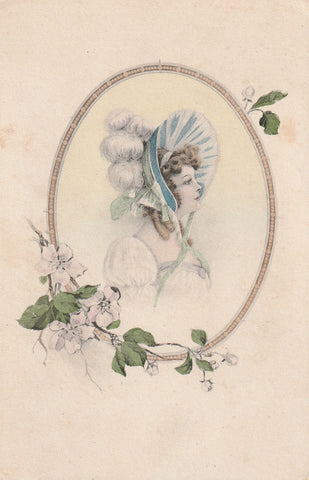 GLAMOUR LADY IN BONNET WITH FORGET ME NOT FLOWERS POSTCARD