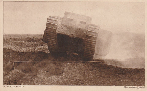 MILITARY WWI TANK IN ACTION DAILY MIRROR CANADIAN SERIES POSTCARD