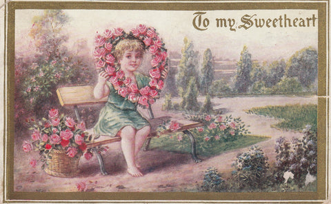 GIRL WITH ROSES HEART WREATH VALENTINES GREETING POSTCARD