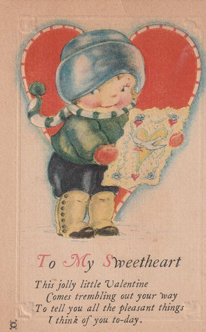 BOY WITH CARD VALENTINES GREETINGS POSTCARD
