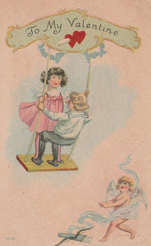 CHILDREN ON A SWING VALENTINES GREETINGS POSTCARD