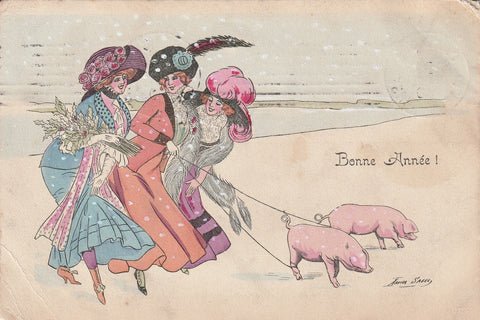 GLAMOUR LADIES WALKING THE PIGS XAVIER SAGER ARTIST SIGNED POSTCARD