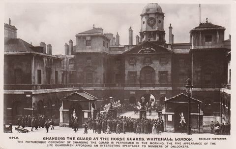 GB LONDON WHITEHALL MILITARY CHANGING OF THE HORSE GUARDS REAL PHOTO POSTCARD